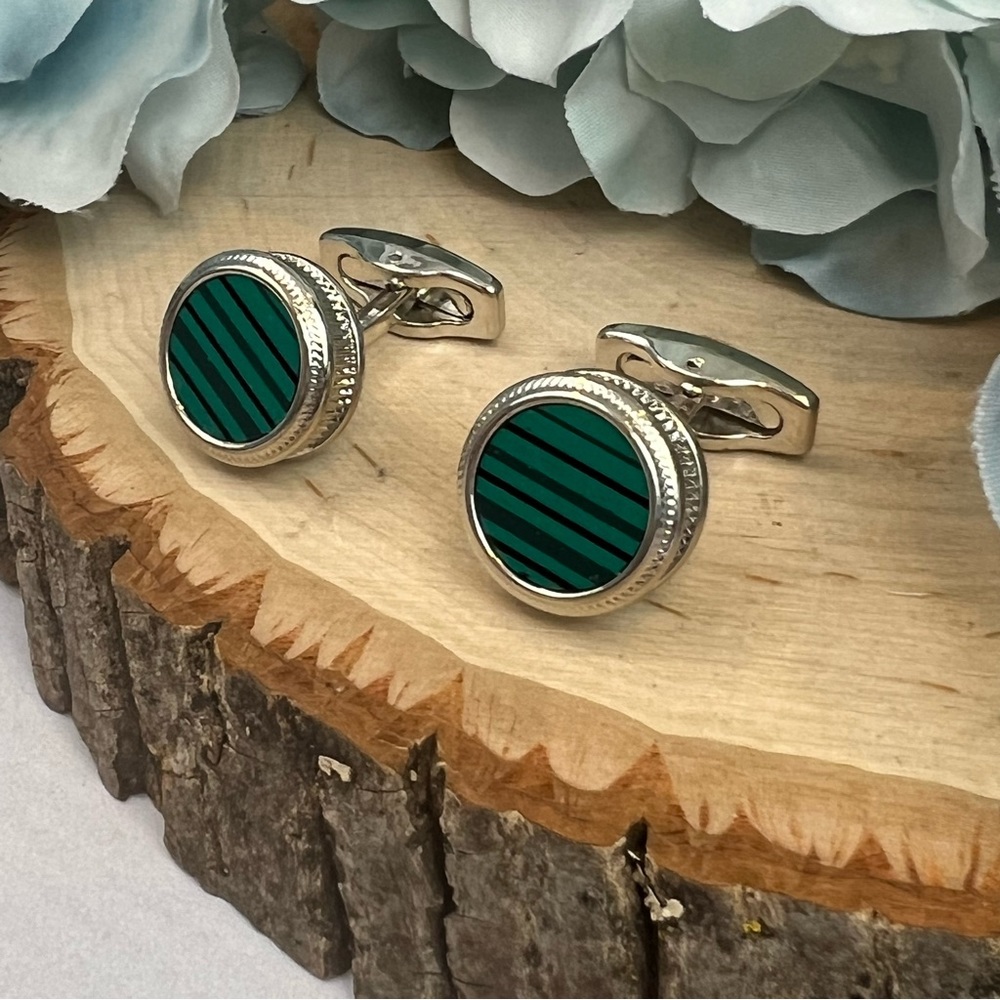 Stunning Green Malachite Round Silver Cufflinks - Picture 5 of 16